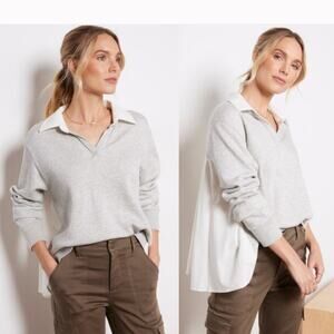 Monrow Poplin Mix polo Sweatshirt tennis academia white heather gray Sz Small
